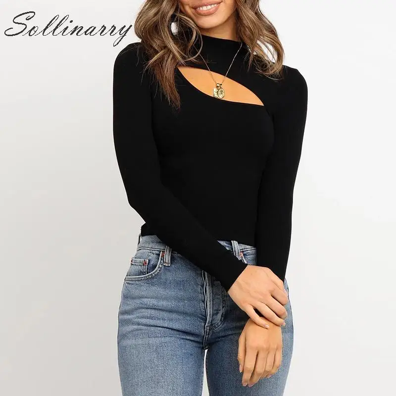 Sollinarry/модные черные зимние вязаные топы для женщин 2019 водолазка с длинными