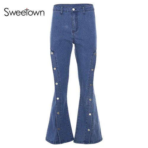 blue Sweetown/ повседневные модные джинсовые брюки-клеш, Осень-зима, средняя талия, пуговицы, Splittable, сексуальные расклешенные брюки для женщин, уличная одежда - Цвет: blue