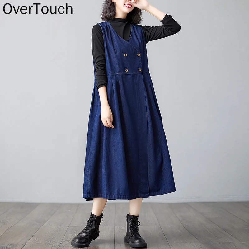 

Женское джинсовое платье оверсайз без рукавов, повседневное Длинное свободное винтажное платье из хлопка, Осень-зима