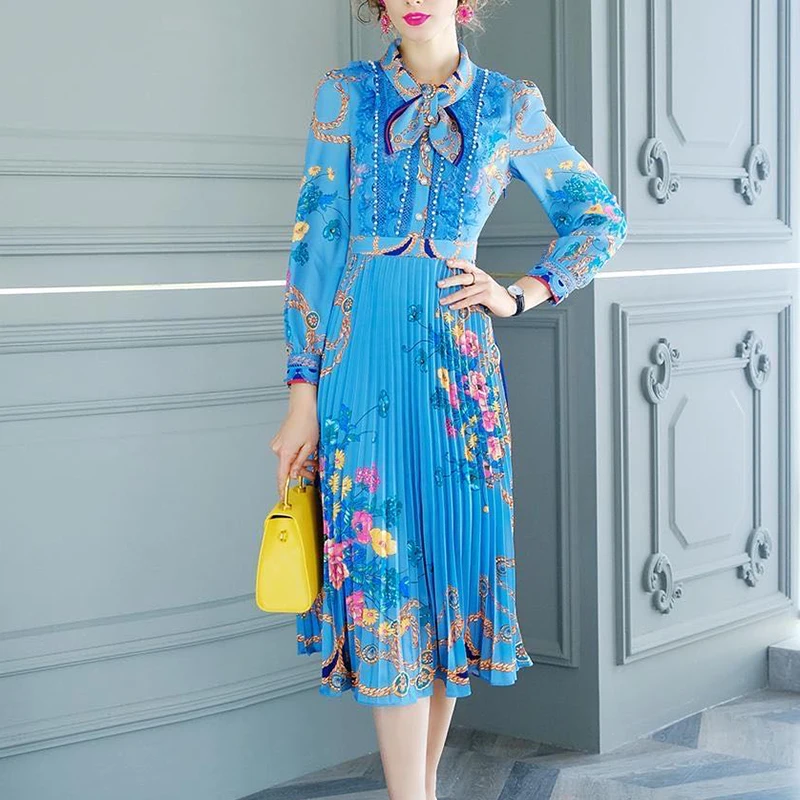 

2020 new trendy blue printed chiffon dress ladies spring bow tie slim slim mid-length pleated skirt