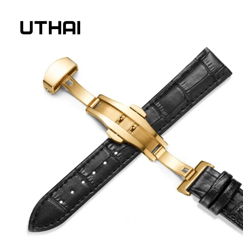 Gold-black UTHAI Z09 плюс Натуральная кожа Ремешки для наручных часов 12-24 мм Универсальные часы Бабочка Пряжка группа сталь Пряжка ремешок наручный ремень браслет - Цвет ремешка: Gold-black