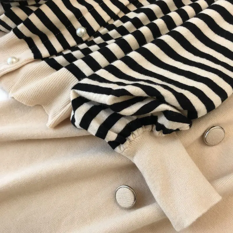 Neploe, маленький аромат, Chandal Mujer, винтажный, для взрослых, полосатый, вязаный, Женский комплект, Осень-зима, короткий кардиган+ широкие штаны, 46470