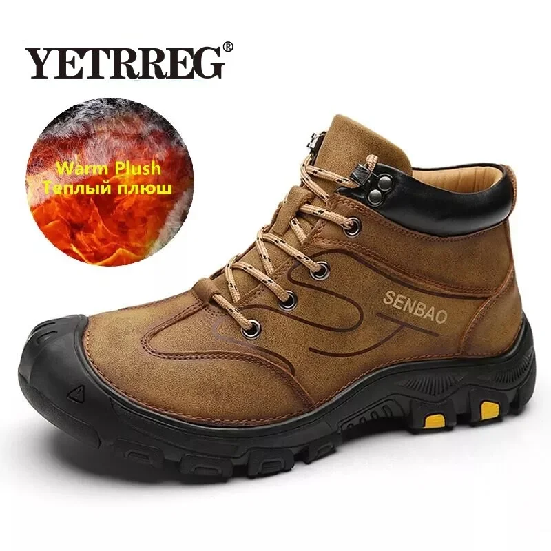Мужские кожаные ботинки уличные теплые для снега водонепроницаемые походов