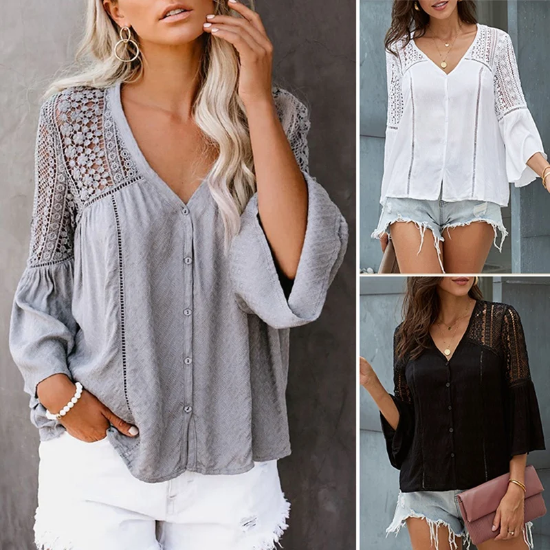 Women's V-Neck Lace Blouse Flare Long Sleeve Hollow Out Patchwork Blouses Female Ladies Casual Tops | Женская одежда