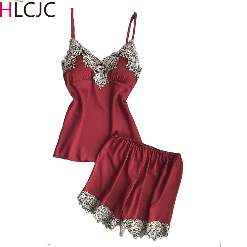 Женский пижамный комплект Сексуальная кружевная атласная пижама шелковая для