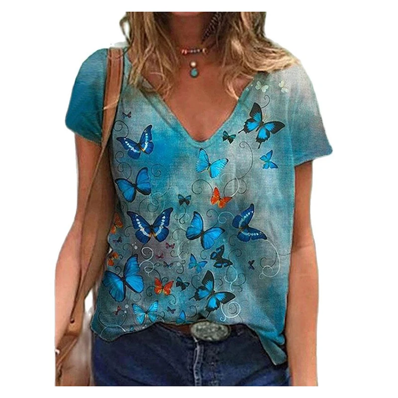 

Women Summer Short Sleeve Butterfly Printed V-Neck Tops Casual Loose T-Shirts Streetwear Pullover Tee Female T-Shirt 2021 New