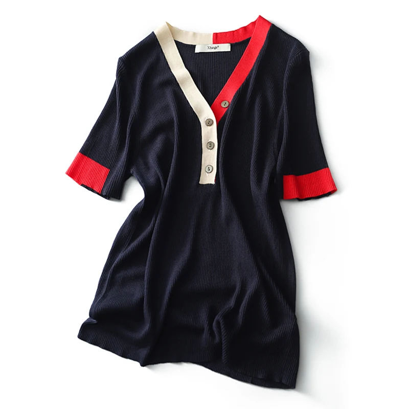 

2021 Summer Women Sweaters Lce Silk Pullover V-Neck Short Slim Button Korean Jumpers Candy Color Female Tops