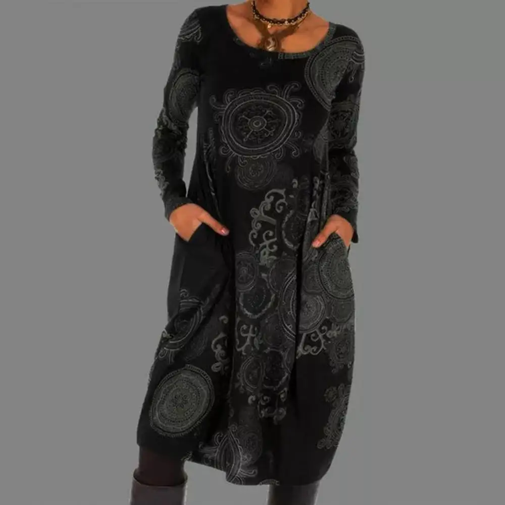 Women dress Retro Long Sleeve O Neck Digital Print Pockets Loose Knee-length Dress Vintage Elegant Dresse vestido Платье Женское |