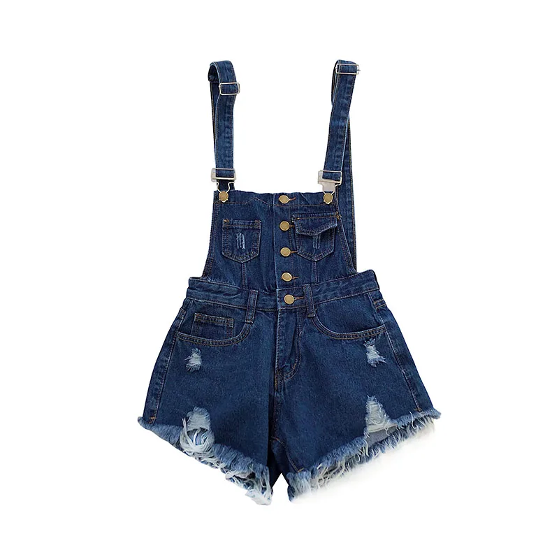 

Denim Suspender Pants for Women 2019 Summer New Korean Style Single-Breasted Ripped Raw Hem High Waist Jumpsuit Shorts