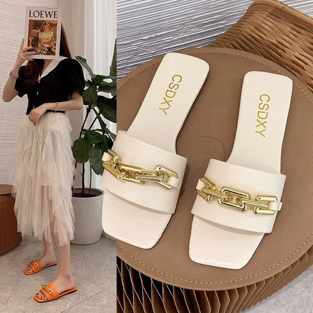 

One-shaped Metal Chain Candy Color Square Head Chain Decoration Flat Sandals Lazy Beach Slippers