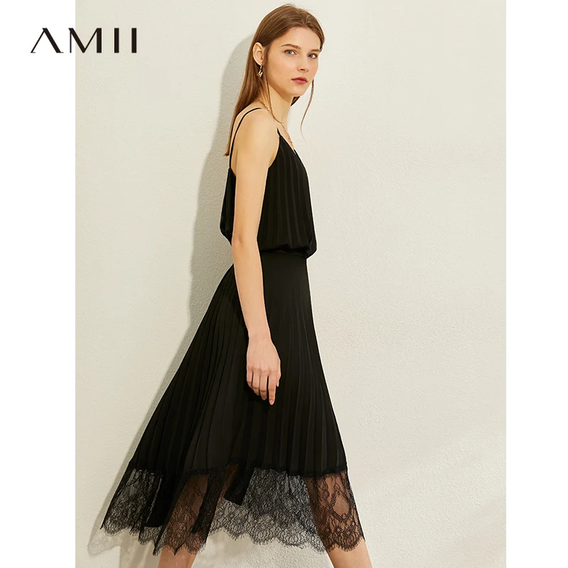 AMII минимализм весна лето плиссированные дизайн Кружева Сращивание Женская юбка