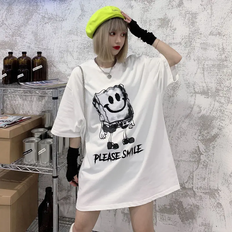 

Summer Korean version of Harajuku bf Super Fire cec cotton retro cartoon printed T-shirt female hip hop ins sleeve shirt