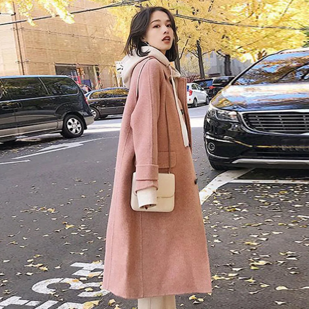 Women Work Solid Vintage Winter Office Long Sleeve Button Woolen Jacket Coat - Цвет: PK