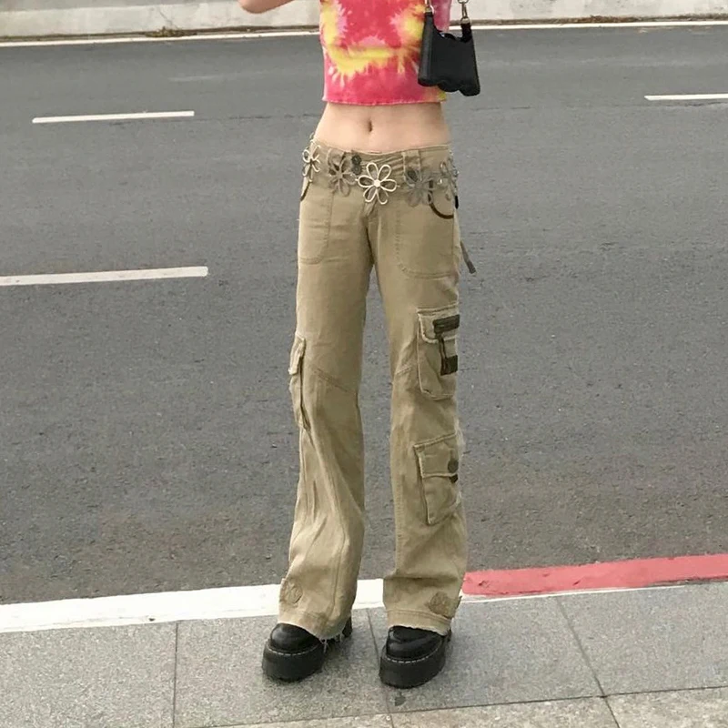 Брюки-карго Женские винтажные составного кроя с карманами и низкой посадкой |