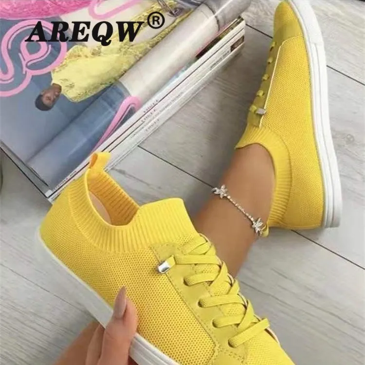 

Women's Sneakers Lace-Up Knitted Flat Shoes Ladies Vulcanized Shoes Female Causal Flats 2021 Autumn Plus Size New Fashion