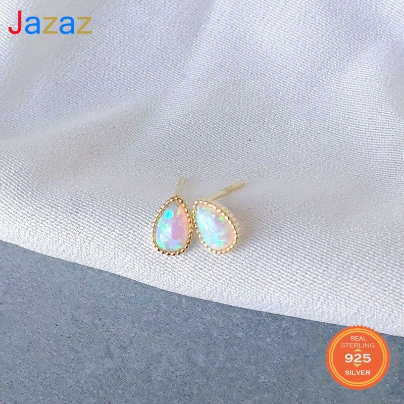 

Jazaz 925 Sterling Silver Natural Stone Opal Stud Earrings Women Temperament Wedding 14k Gold Plating Girlfriend Gift D001756