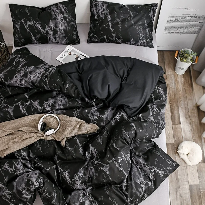 Black Marble Pattern Polyester Fiber Two Pillow Cases One Duvet Cover 3PCS Bedding Set |