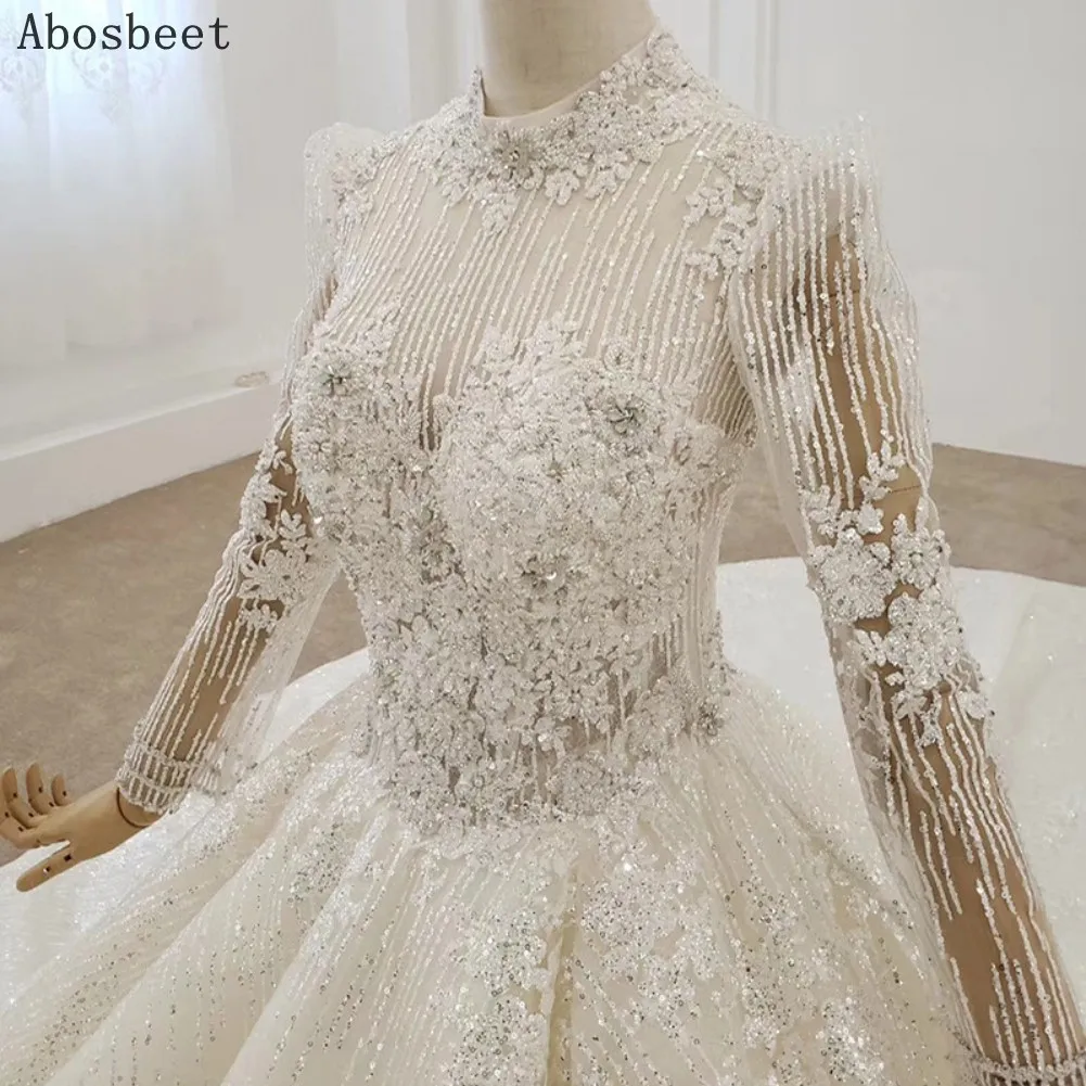 Luxury Fancy Beads Shining Ball Gown Wedding Dress 2021 New Long Sleeve Wedding Gown Elegant High Collar Cathedral Train 200CM