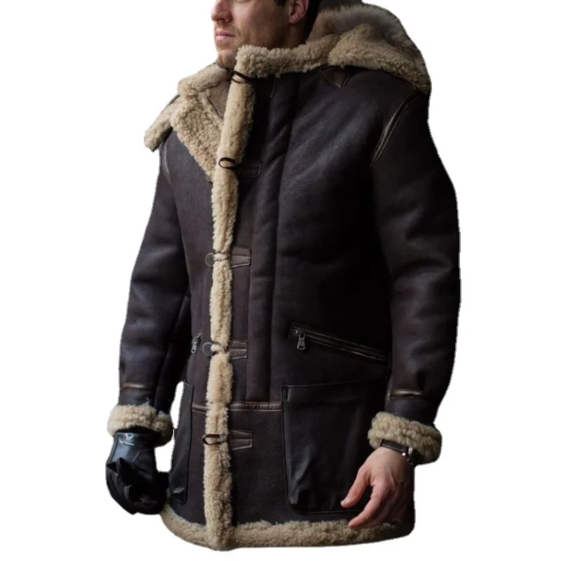 

WEPBEL Winter Fashion Long Sleeve Single-Breasted Lapel Hooded Plush Stitching Parkas Men's Casual Solid Color Pocket Warm Coat