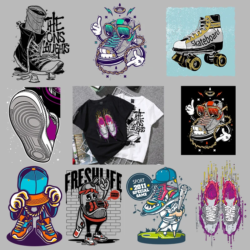 Skateboard Shoes Pattern Patches Appliqued Fashion Diy Vinyl Heat Transfer Tops Applique Clothes Washable DIY T-shirt Sweater
