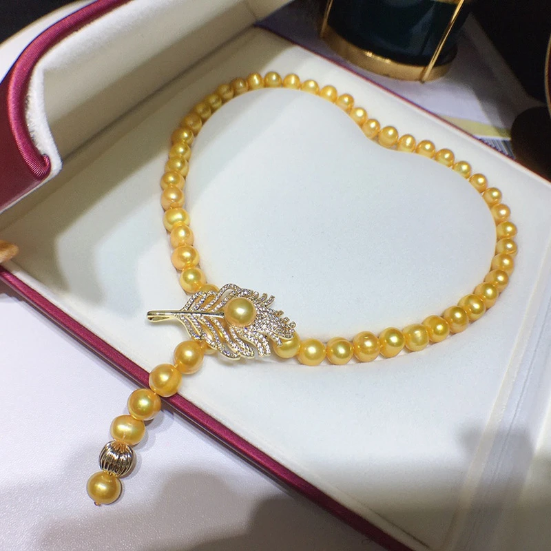 

HABITOO Gorgeous Natural 9-10mm Yellow Freshwater Pearl Necklace Bracelet Jewelry Set Feather Cubic Zircon Clasp for Women Gift
