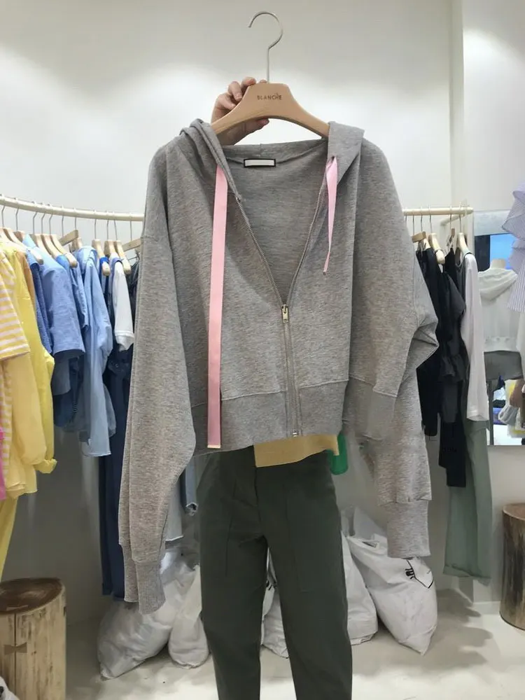 

Han Guodong door new spring dress loose bat sleeve high waist hooded zipper fleece cardigan