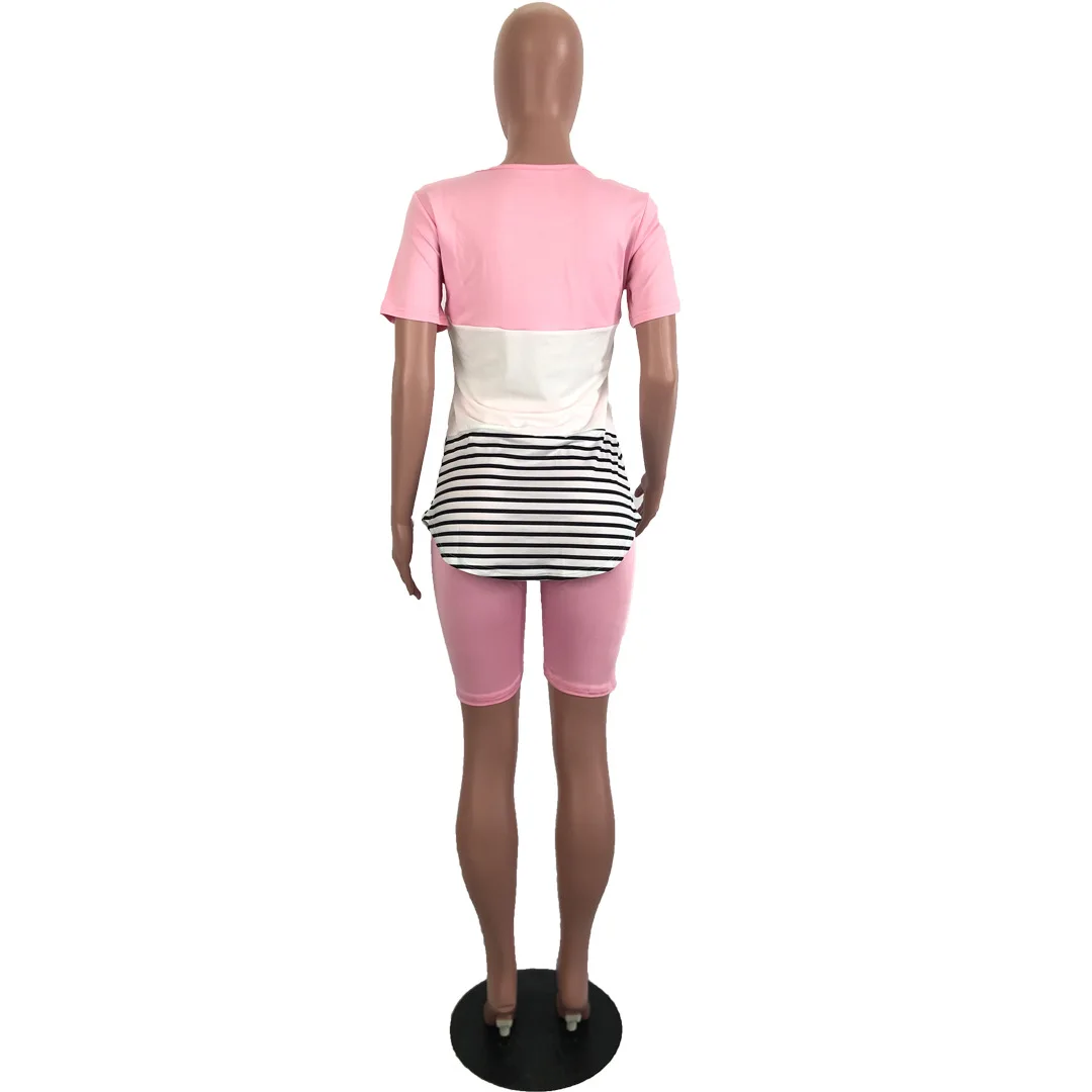 

Plus Size Casual Two Piece Tracksuit Summer Clothes For Women Striped Print Short Sleeve Top And Biker Short Sportswear Outfits