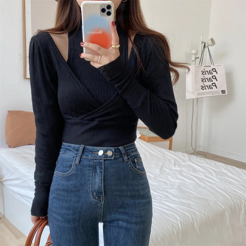 

Alien Kitty Sexy Hollow Out New Slim Women T-Shirts Hot Solid Casual Off Shoulders Autumn 2021 All Match Streetwear Lady Tops