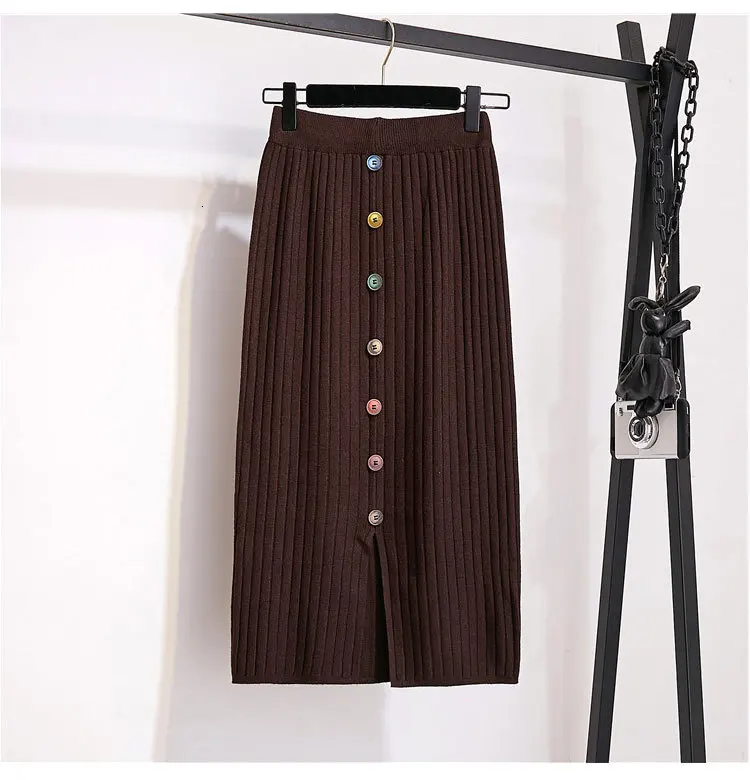 

Women Knitted Clothing Sets O-Neck Long Sleeve Cartoon Printed Knitted Tops+Elastic Waist Single Breasted Knee-Length Skirt Sets