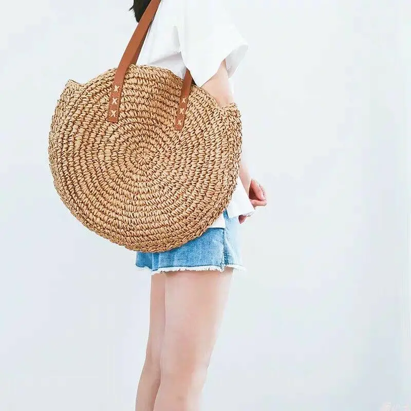 Женская плетеная Сумка-тоут круглая соломенная простая пляжная сумка через