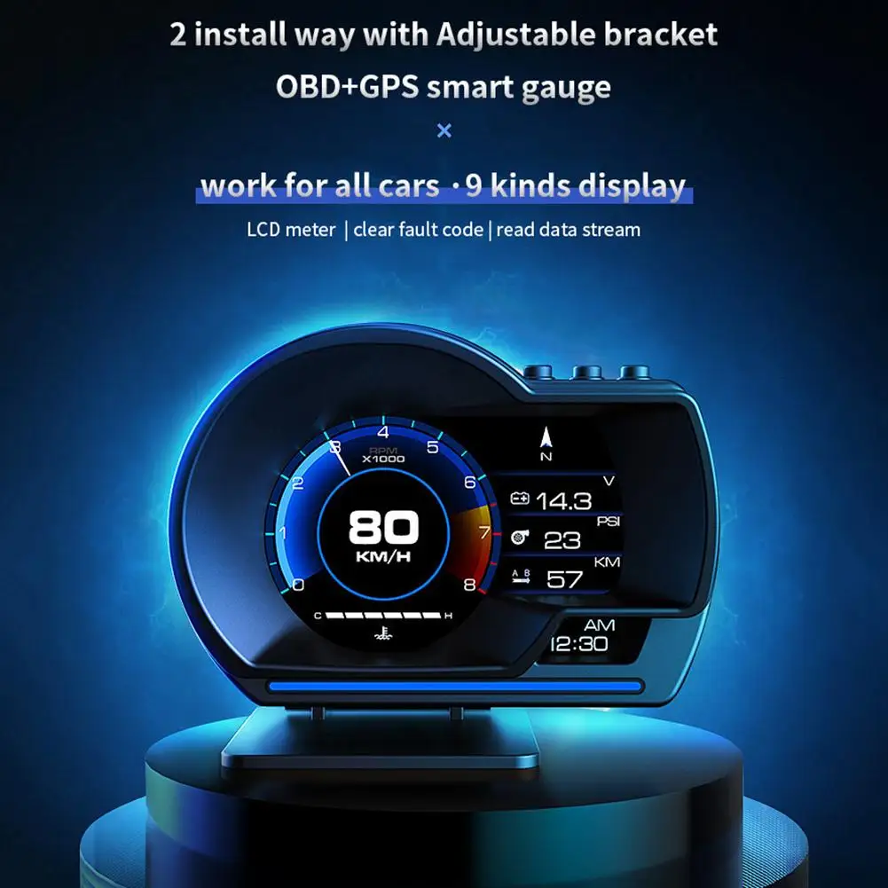 OBD+GPS Dual System Head-up Display Car Rotatable HUD With Alarm Atmosphere Light 100KPA/PSI Gps Speedometer Speed Projector | Автомобили