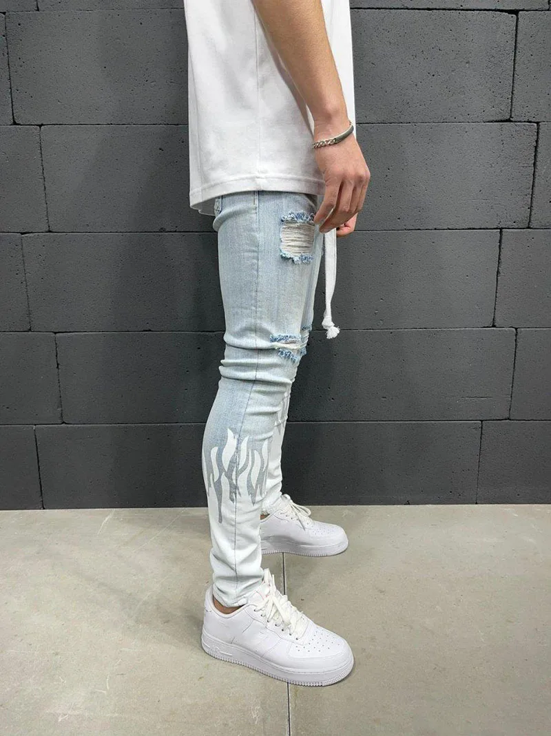Men Ripped Jeans Slim Fit Trousers Fashion Flame Print Distressed Fringe Pencil Jeans Homme Casual Drawstring Skinny Denim Pants