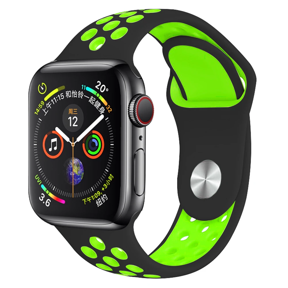 Black with green Мягкий силиконовый сменный спортивный ремешок для Apple Watch, 38 мм, 40 мм, серия 1, 2, 3, 4, 5, 42 мм, 44 мм, браслет на запястье, ремешок для iWatch Sports - Цвет ремешка: Black with green