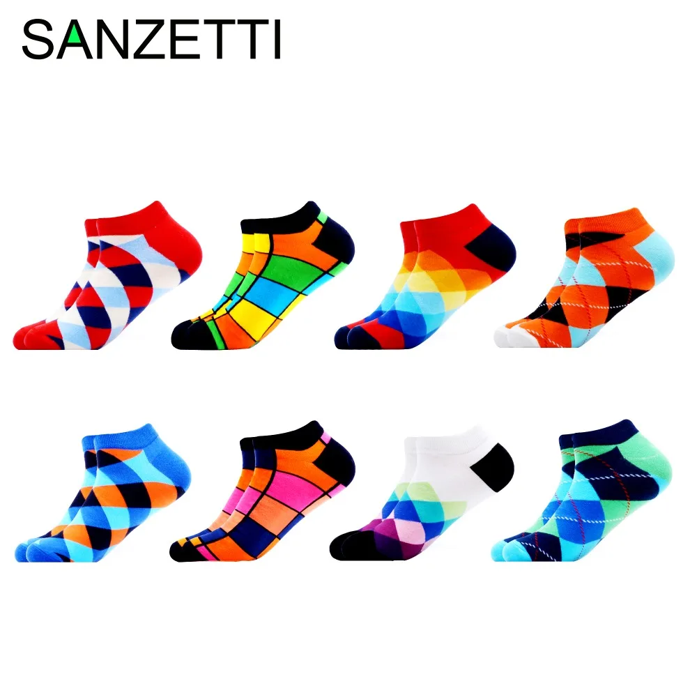 SANZETTI 8 пар/лот летние новые цветные мужские носки из чесаного хлопка короткие носки в полоску
