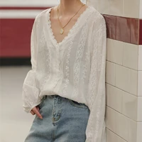 embroidery lace white women blouse summer tops femme casual womens blouse shirt long sleeve linen cotton girls new blusas
