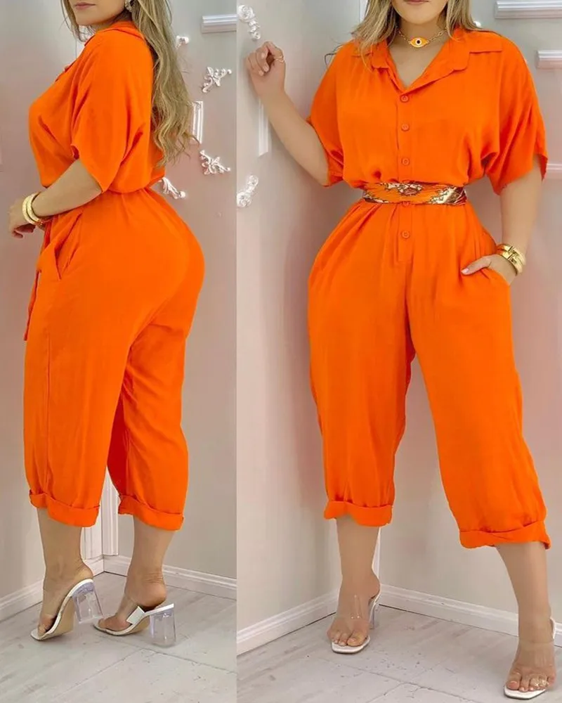 

2021 women's orange loose Jumpsuit - with this cloth belt