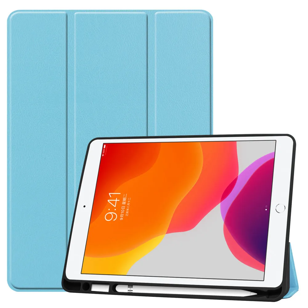 Для iPad 10,2 7th Gen планшет трехстворчатая подставка премиум класса из искусственной кожи умный чехол Мягкий силиконовый чехол из ТПУ встроенный карандаш держатель