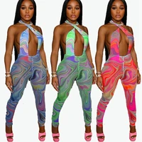 2021 print mesh jumpsuit see through women skinny criss cross hipster high waist sexy backless club streetwear summer outfit