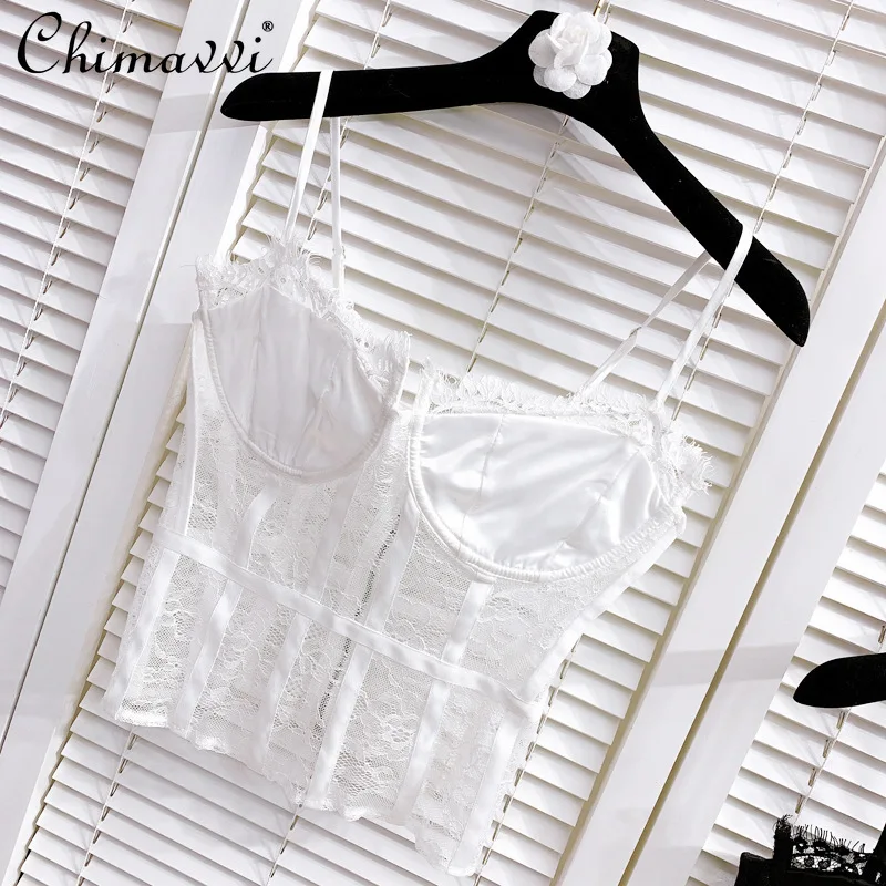 Women Vintage Slim Lace Hollow Out Solid Color Camisole Tube Top Ladies Spaghetti Strap Crop Tops Back Zipper Sling Camisole