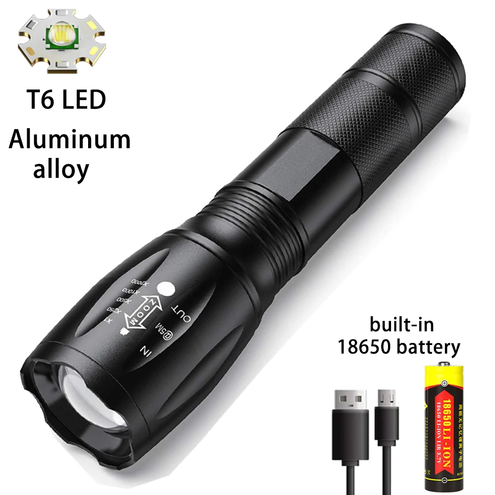 

Powerful T6 LED Flashlight Super Bright Aluminum Alloy Portable Torch USB Rechargeable Outdoor Camping Tactical Flash Light