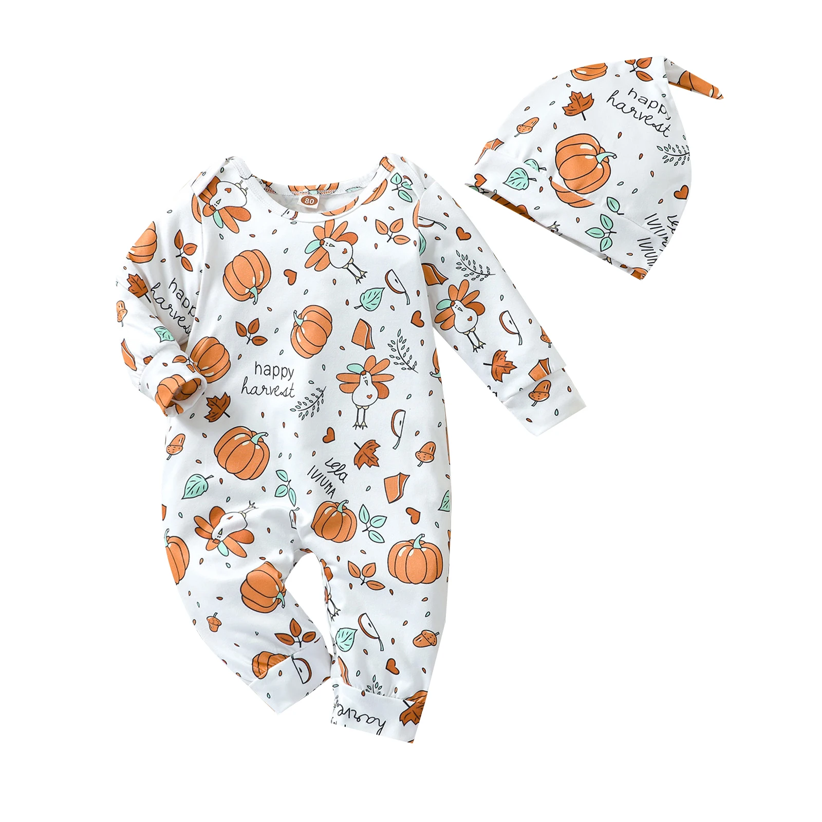 

Baby’s Casual Jumpsuit with Hat Cute Thanksgiving Turkey Print Long Sleeve Romper Long Pants