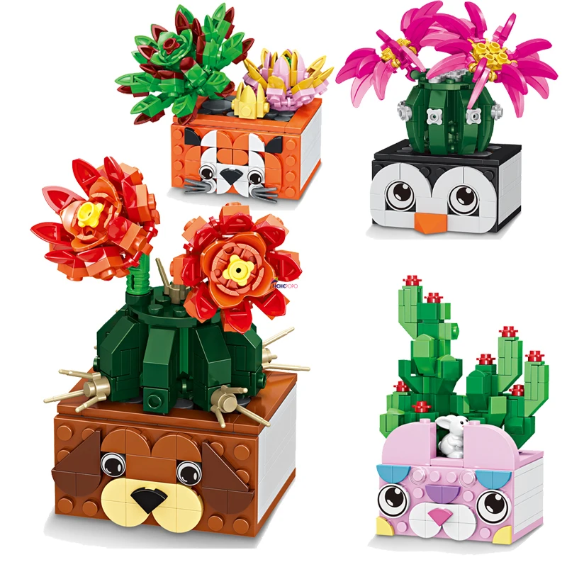 

4 Types Bouquet Building Block Home Decoration Plant Cactus Succulent Bonsai Desktop Decoration DIY Bricks Children's Toy Gift