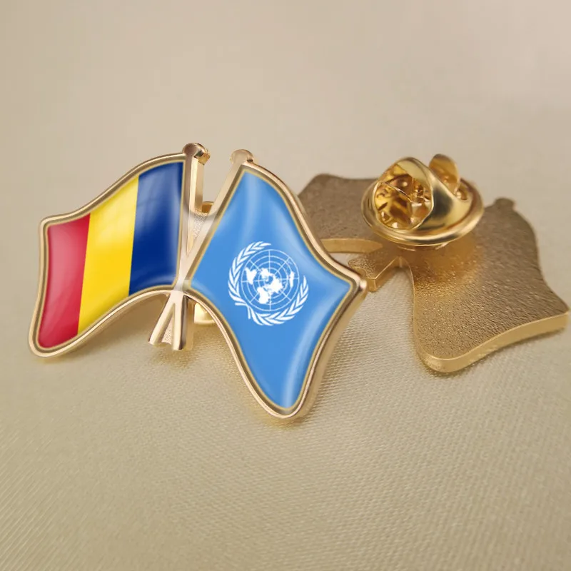 

United Nations and Romania Crossed Double Friendship Flags Brooch Badges Lapel Pins