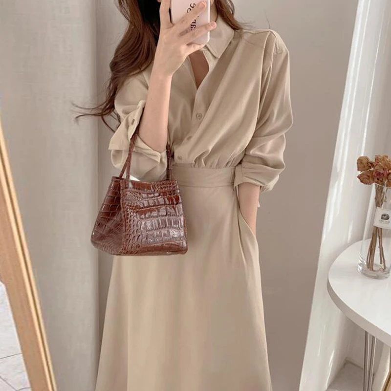 Женское однобортное платье макси модная одежда в Корейском стиле с лацканами и