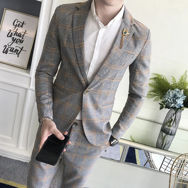 Костюм из двух предметов (Блейзер + брюки) осенний Новый мужской модный костюм с