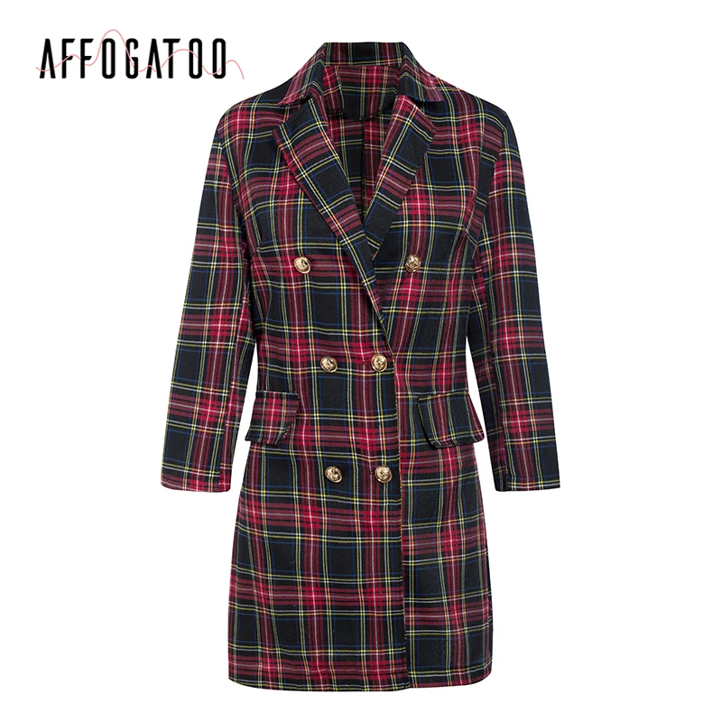 Affogatoo Elegant Office ladies cotton plaid dress women Vintage double breasted mini Streetwear autumn winter short | Женская одежда