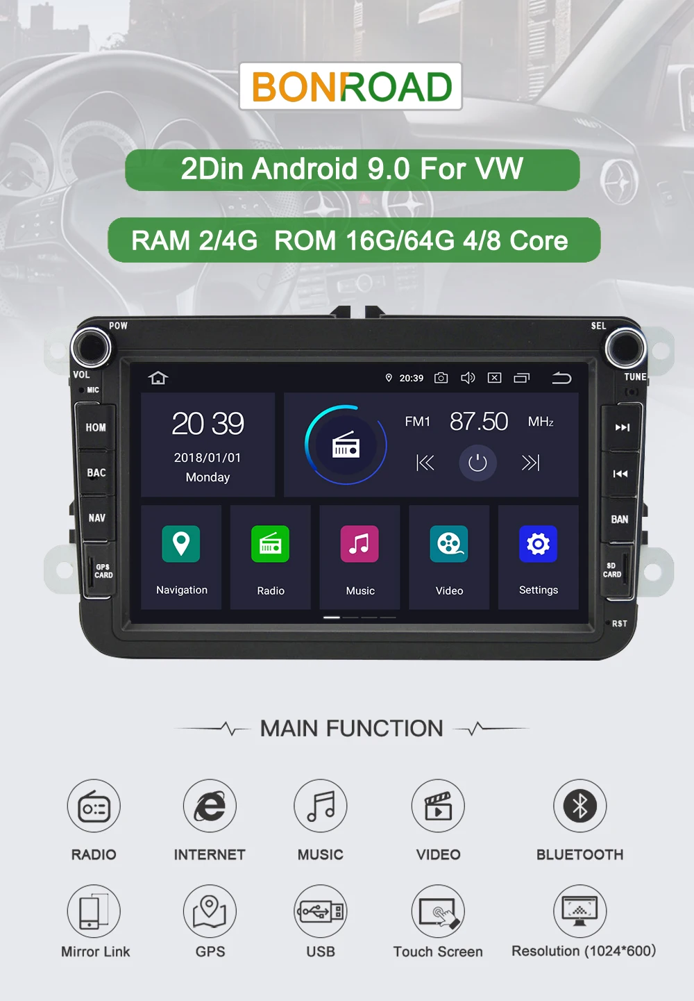 Bonroad 2din Android автомобильный мультимедийный плеер ForVW для Passat Seat Skoda rapid Bora gps навигация радио плеер(без dvd