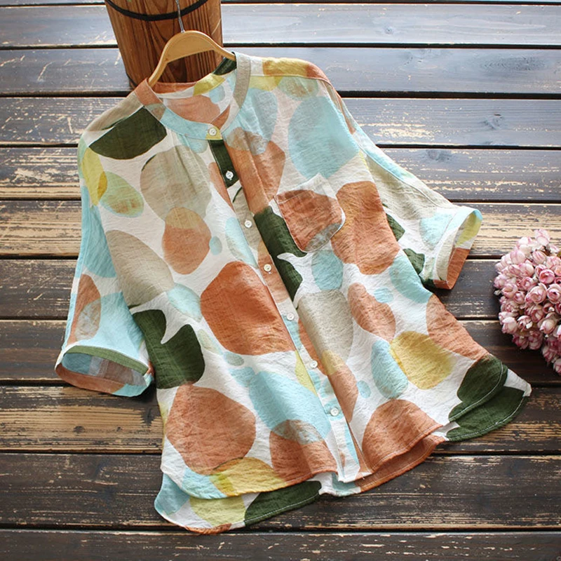 

2021 Summer New Product Literary Temperament Loose Large Size Cardigan Cotton Linen Printed Short-Sleeved Shirt Blouse 42.5-75KG