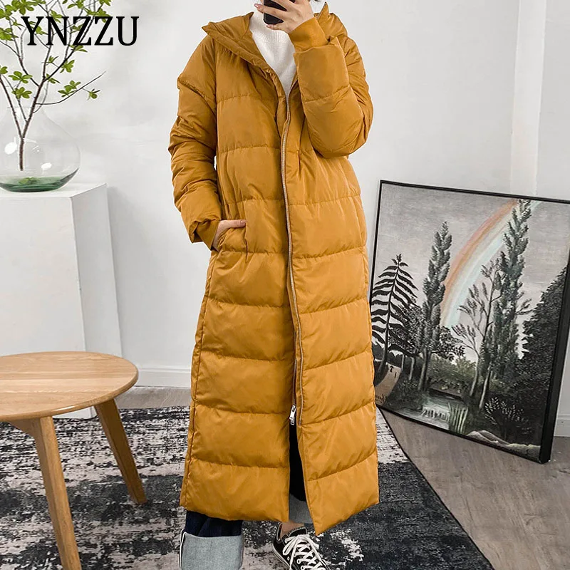 

Straight hooded coat 90% White duck down jacket 2021 Winter women thick warm zip long outerwear Yellow Blue Elegant YNZZU 1O183