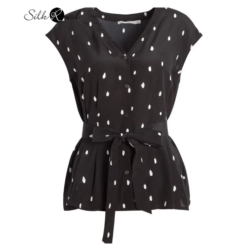 

Silviye Dot Prints Waistband Waist Hugging Bow V-neck Sleeveless Silk Shirt Female Silk Wild Vest Top Summer